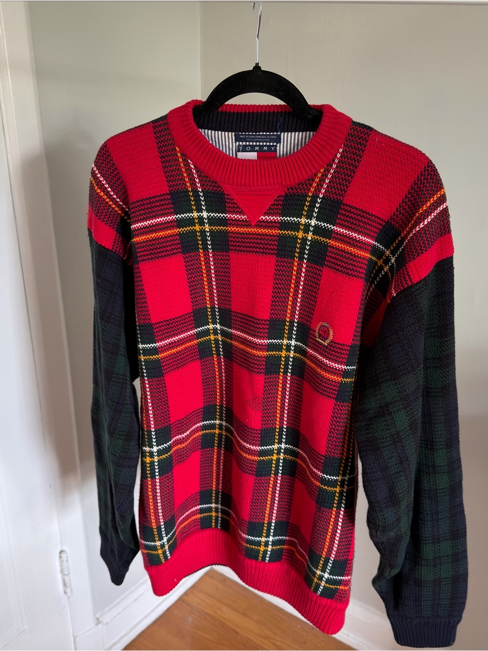 Tommy Hilfiger Red and Black Plaid Crewneck Sweater
